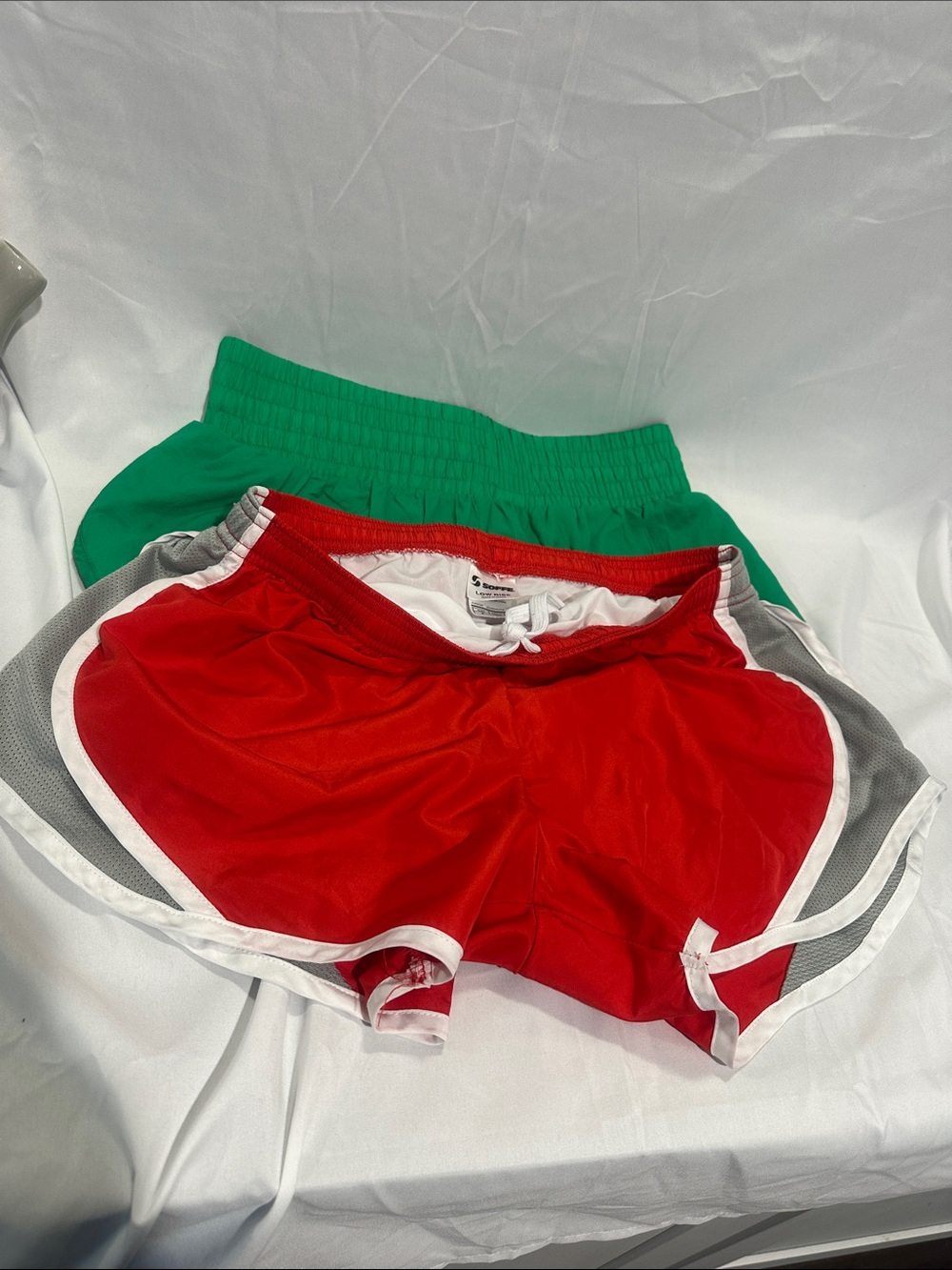 Soffe Red and Green Women’s Athletic Shorts with White Trim